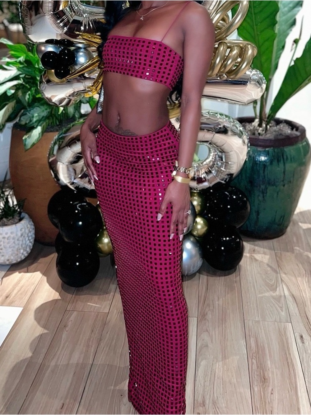 Burgundy Sequin Two-Piece Maxi Skirt Set - Picture 3 of 4